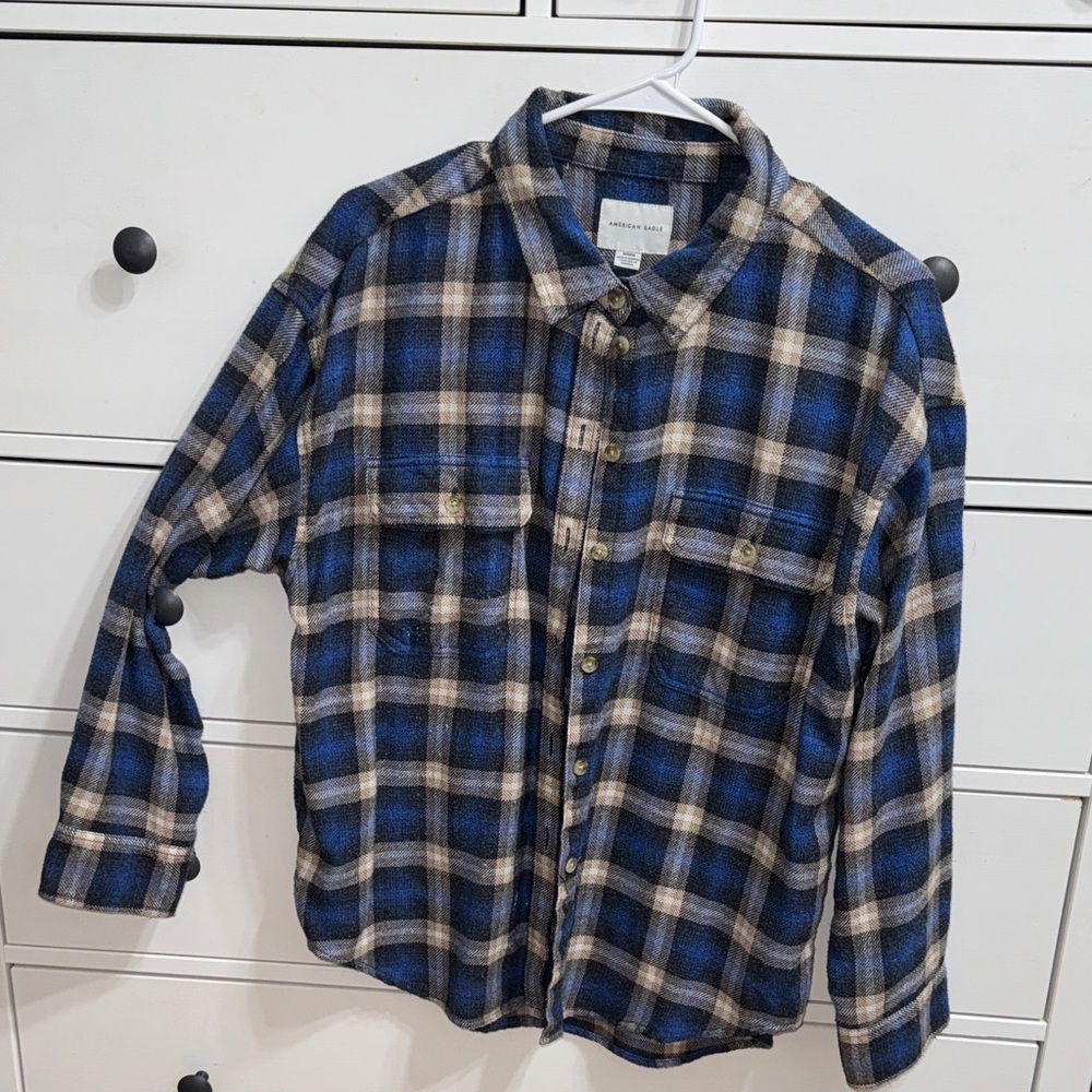 American Eagle Outfitters Blue and Cream Checkered Shirt